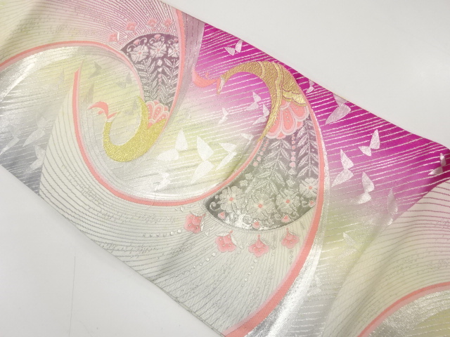 アンティーク　孔雀に花・蝶模様織り出し袋帯（材料）